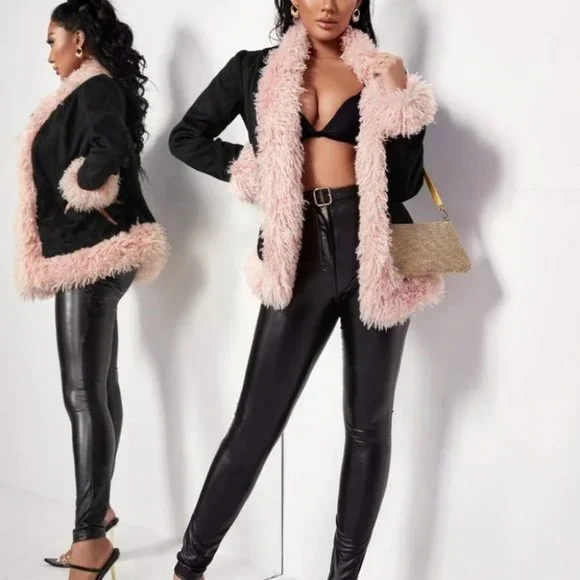 Glamorous pink Fuzzy Faux fur Trim Open Front black Overcoat - Picture 2 of 5